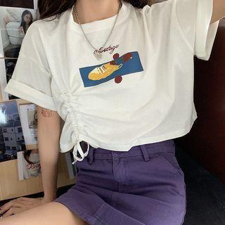 Elbow-sleeve Graphic Print Drawcord Crop Top