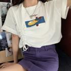 Elbow-sleeve Graphic Print Drawcord Crop Top