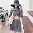 Set: Drawstring Ruffled Long-sleeve Swim Top + Bottom