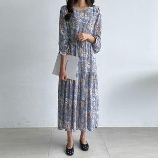 Drawstring-waist Floral Print Chiffon Dress