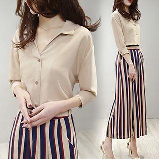 Set: 3/4-sleeve V-neck Blouse + Striped Wide Leg Pants