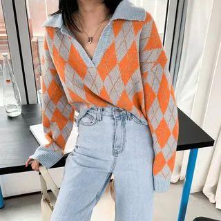 Open-placket Argyle Knit Top