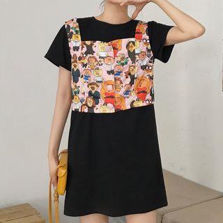Set: Plain Long T-shirt + Cartoon Cropped Tank Top As Shown In Figure - One Size