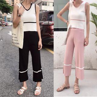Set: V-neck Contrast Trim Tank Top + Cropped Wide-leg Pants