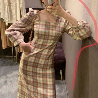 Balloon-sleeve Plaid Midi A-line Dress