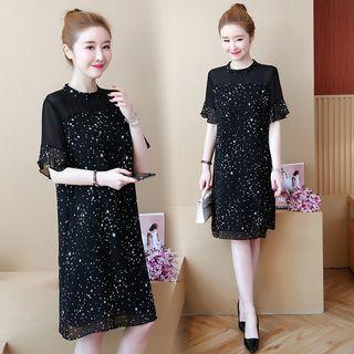 Elbow-sleeve Star Patterned Chiffon A-line Dress