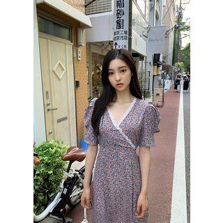 Puff-sleeve Long Floral Dress Pink - One Size