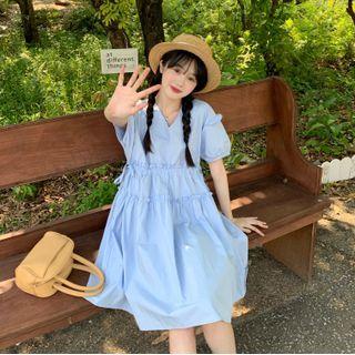 Puff-sleeve V-neck A-line Dress Blue - One Size