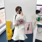 Set: Round-neck Checked Cardigan + Frilled-hem Skirt