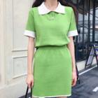 Set : Short Sleeve Polo Shirt + High Waist A-line Dress Green - One Size