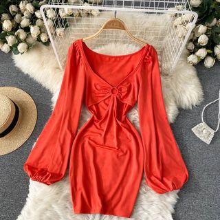 V-neck Cutout Puff-sleeve Dress