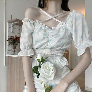 Spaghetti Strap Butterfly Print Mini Dress / Short-sleeve Blouse / Mini Skirt