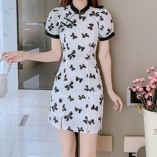 Short-sleeve Bow Print Mini Qipao Dress