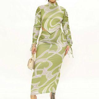 Set: Long-sleeve Printed Cropped T-shirt + Maxi Pencil Skirt