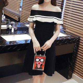 Striped Off-shoulder Short-sleeve Knitted Dress