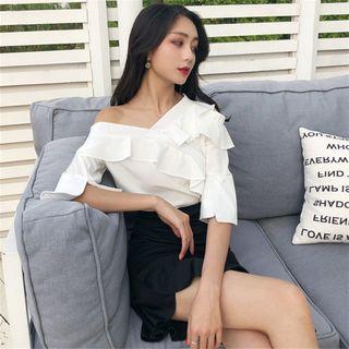 Set: Ruffle Trim Elbow-sleeve Blouse + A-line Skirt