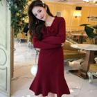 Long-sleeve Midi Knit Dress Red - One Size