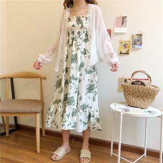 Leaf Print Sleeveless Smocked Dress / Lace Trim Cover-up