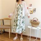 Leaf Print Sleeveless Smocked Dress / Lace Trim Cover-up