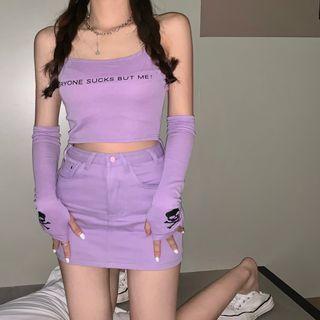 Spaghetti Strap Lettering Top / Mini Denim Skirt