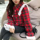 Lace Plaid Long-sleeve Loose-fit Blouse