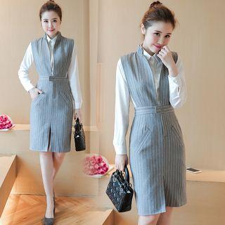 Set: Plain Blouse + Jumper Striped Dress