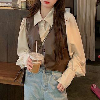 Long-sleeve Lapel Shirt / Single-breasted Faux Leather Vest