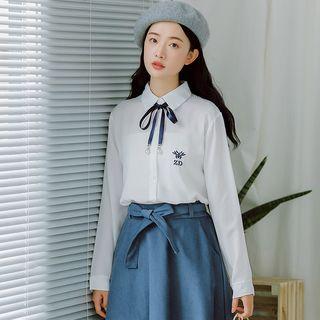 Ribbon-neck Embroidered Shirt