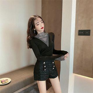 Bell-sleeve Top / High-waist Tweed Shorts