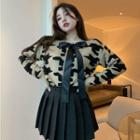 Houndstooth Bow Accent Cardigan / Pleated Mini A-line Skirt