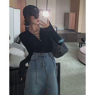 Long-sleeve Lace-up Top / Frayed Denim Midi Skirt