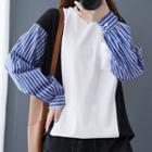 Long-sleeve Striped Panel T-shirt Blue - One Size