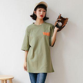 Short-sleeve Number Loose-fit Crewneck Long T-shirt