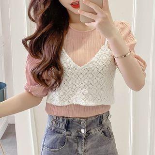 Short-sleeve Blouse / Lace Cropped Camisole Top