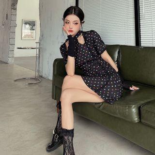 Short-sleeve Dotted Cutout A-line Dress