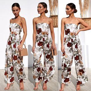 Strapless Floral Print Wide Leg Jumpsuit
