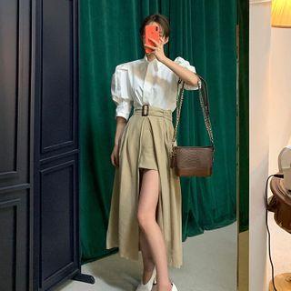 Puff-sleeve Shirt / Slit Midi A-line Skort