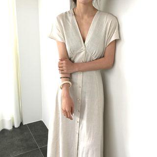 Short Sleeve V-neck Dress Almond - One Size