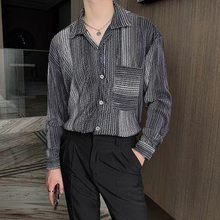 Long-sleeve Striped Shirred Shirt