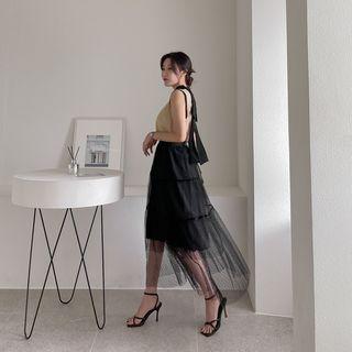 Dotted Tulle-overlay Tiered Long Skirt