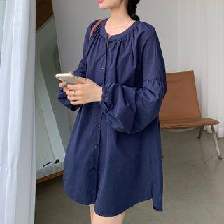 Lantern Sleeve Plain A-line Shirtdress