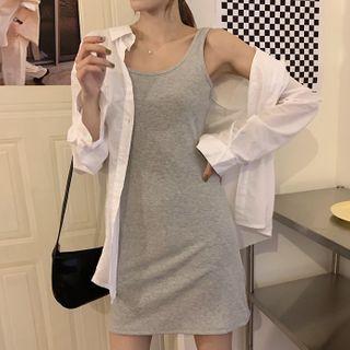 Long-sleeve Plain Shirt / Spaghetti Strap Mini Sheath Dress