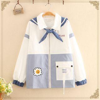 Sailor-collar Printed Color-block Jacket