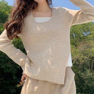 Mock-two-piece Long-sleeve Square Neck Plain Asymmetric Knit Top Oatmeal - One Size
