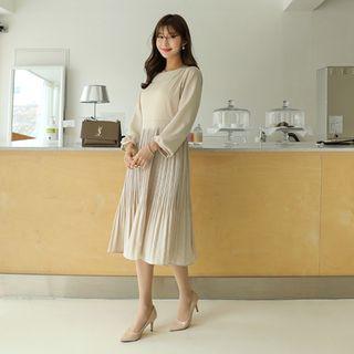 Balloon-sleeve Crystal-pleat Dress