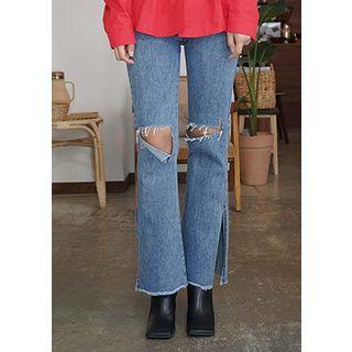 Slashed Washed Slit Boot-cut Jeans