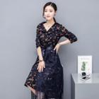 Set Of Two: Long-sleeved Floral Print V-neck A-line Lace Panel Sheath Dress