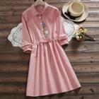 Pinstriped Cat Embroidered Long-sleeve Collared Dress