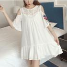 Lace Panel Flower Embroidered Cut Out Shoulder Elbow Sleeve Dress