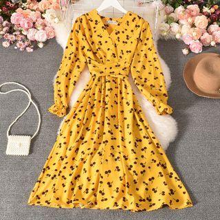 Puff-sleeve Cherry Pattern A-line Dress